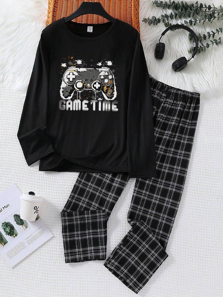 2 件大男孩休闲圆领长袖图形视频游戏印花运动衫和格子宽松裤睡衣套装，柔软针织面料 - 彩色 - 查看 1