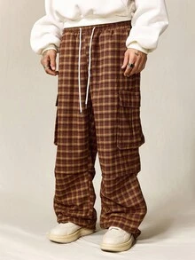 ROMWE MEN Street Life Men's Prep Casual Drawstring Waist Pockets Plaid Print Pants, For Fall - smoke gray - View 5