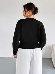 Firerie Plus Size Solid Color Front Button Long Sleeve Casual Knit Cardigan In Fall/Winter - Black - View 2