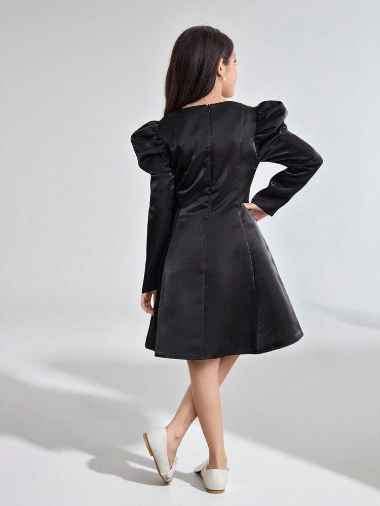 Tween Girls' Solid Color Floral 3D Embroidery Long Sleeve Round Neck Dress Fall Winter