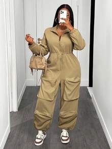 Slaydiva Combinaison grande taille, style urbain décontracté, pour festival de musique, Pâques, fête d'anniversaire, usage quotidien, polyvalente, couleur unie, poches cargo exagérées, manches longues, cordon de serrage à la taille, automne/hiver 2025 - Kaki