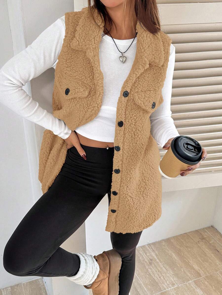 SHEIN EZwear 1件女款純色鈕扣前襟無袖口袋休閒背心,秋季/冬季日常穿著,卡其色,女款秋季穿搭,女款背心,舒適秋季/冬季女裝 - 駝色 - 查看 1