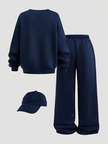 SHEIN 2 件儿童/青少年男童休闲日常百搭舒适字母图案印花圆领宽松套头运动衫和直筒宽松运动裤针织套装 - 藏蓝色 - 查看 4