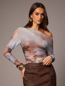 Silquee 秋冬褶皱不对称领口丝滑全印花长袖女式上衣，性感修身透明 T 恤，休闲/约会/郊游/夜店派对/聚会服装 - 彩色 - 查看 1