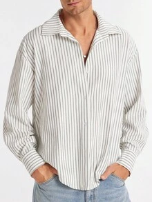 Manfinity Dauomo Men's Striped Long Sleeve Single-Breasted Casual Fashion Shirt, Fall - White - View 5