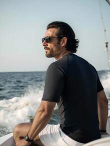 Manfinity Swimmode Men's Raglan Sleeve Round Neck Short Sleeve Casual Slim Fit Rash Guard Rashguard Men Swim Shirt For Men