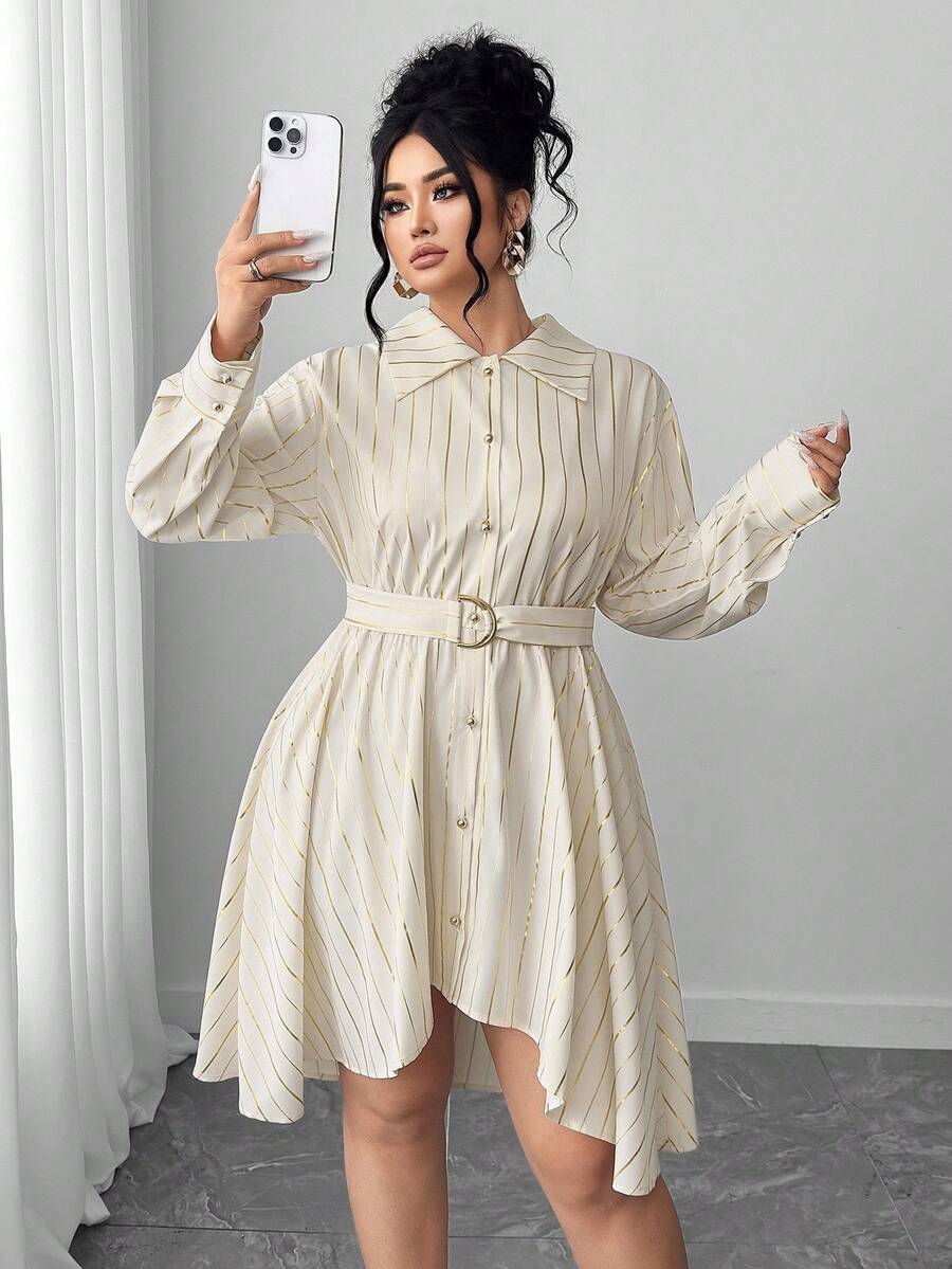 Elenzga Plus Size Women's Elegant Gold Striped Apricot Color Dress - Beige - View 1