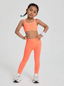 SHEIN Sports And Outdoor Young Girls' Set With Crossback Shoulder Straps, High Elasticity For Figure Enhancement, Free Stretching, Breathable And Sweat-Absorbing For Riding, Running, Indoor Dancing And Comprehensive Training - Burnt Orange - View 3