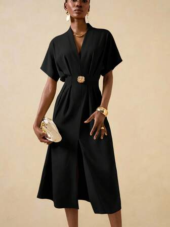 Vesra 女式腰部收紧金属装饰纽扣短袖纯色开衩下摆连衣裙