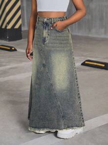 SHEIN Tween Girls Y2k Retro Fashion Vintage Blue Denim Midi-Length Mermaid Skirt Fall Winter,For Girls Dailywear Costume,Girls Streetwear Outfits,Halloween Outfits,Christmas Costume,Winter Clothes,Teen Dress