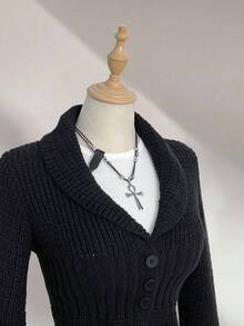 Elamini 1pc Women's Sexy Tight-Fitting Solid Color Front Button Long Sleeve Cardigan - Black - View 4
