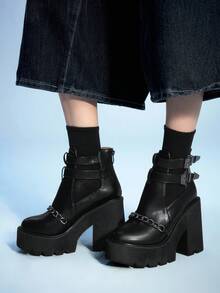 Sugerpunk Giày bốt cổ ngắn kiểu Gothic cổ điển gợi cảm khoét rỗng, gót chunky, kiểu punk, dây xích vàng khóa đôi, bốt cao gót đế dày chống thấm nước dành cho nữ. - màu đen - Xem 3