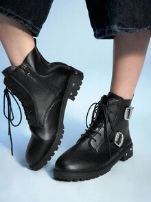 Sugerpunk Botas de plataforma gruesa con tacón grueso de PU negro, nuevas para primavera/otoño 2025. Botas de tobillo con cremallera lateral, remaches metálicos y estilo gótico británico oscuro para mujer - Negro - Ver 8