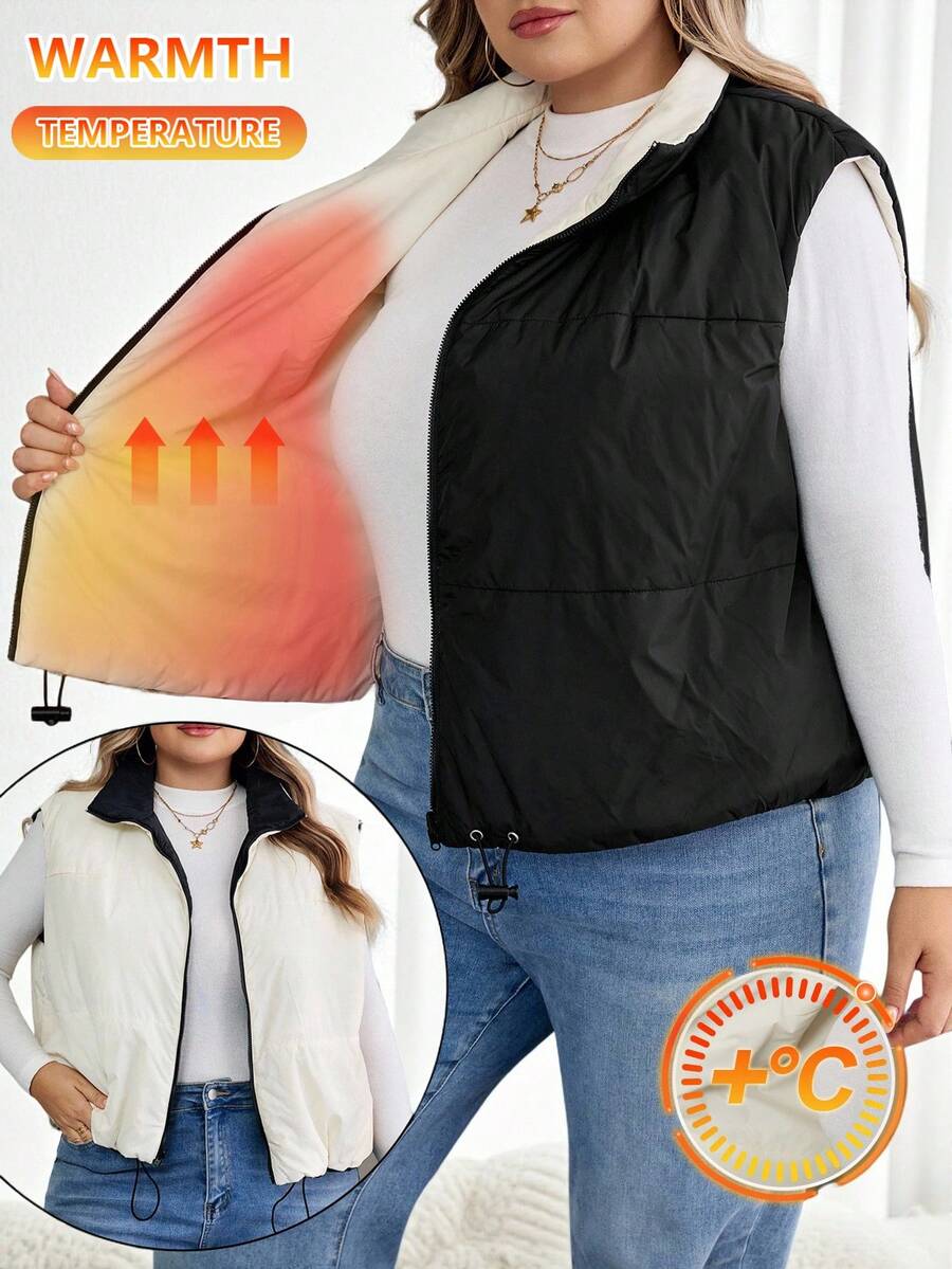 SHEIN CURVE+ 大码女式短款羽绒服，双面可穿，适合秋冬季节穿着 - 黑色 - 查看 1