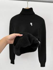 SHEIN Tween Mädchen Kleidung Einfacher schwarzer Rollkragenpullover, Nerzfell Saum Bescheidener Basis Pullover für Herbst Feiertage Schulanfang, Winter Weihnachten Tween Mädchen Kleidung - Schwarz - Übersicht 3