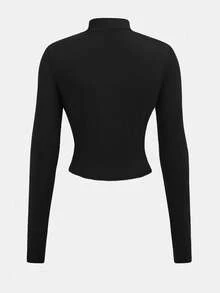 SHEIN 少女休闲弹力拉链修身长袖外套，秋冬季必备基础款外套，适合节日、万圣节、圣诞节、新年等场合，是理想的圣诞礼物之选。这款外套舒适百搭，是秋冬季日常穿着、街头风、居家服的理想之选。 - 黑色 - 查看 2