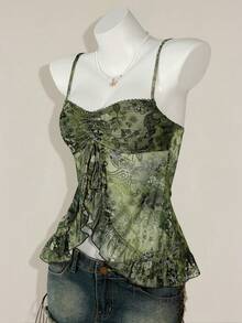 SHEIN ICON 女士夏季外出夏威夷波西米亚风佩斯利印花西部红色飘逸荷叶边细肩带花卉印花吊带娃娃装背心，时尚性感，适合夏季 - 綠色 - 查看 3