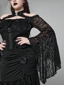 ROMWE EDITION Áo bó sát tay loe hở vai phối ren Gothic cỡ lớn dành cho nữ - màu đen - Xem 3