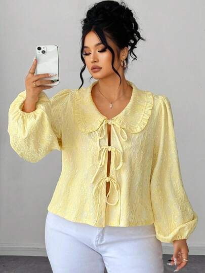 Elenzga Plus Size Women's Elegant Knit Long Sleeve Lace Composite Shirt With Tie Collar, Light Yellow