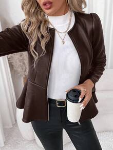 SHEIN Clasi Áo khoác dày lót da và lông thú giả dành cho nữ, thích hợp cho việc đi làm, đi chơi và tụ tập vào mùa đông - Màu nâu  Mocha - Xem 6