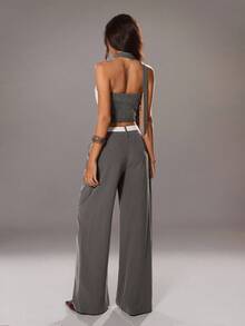 TRNVIE 2 件套女士套装，深灰色街头与派对设计撞色拼接抹胸露肩无袖上衣和阔腿裤，性感、优雅、时尚 - 深灰色 - 查看 2