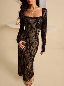 SHEIN Ladiora 女装2025秋冬新款优雅蕾丝长袖连衣裙，适合约会、花园派对、晚礼服 - 黑色 - 查看 3