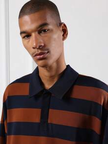 Striped Boxy Fit Polo Long Sleeve Casual Knit Pullover Fall Winter Preppy Classic Collared Navy Brown Retro Style Modern Fashion Oversized Men Top - Blue - View 4