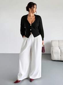 Firerie Plus Size Solid Color Front Button Long Sleeve Casual Knit Cardigan In Fall/Winter - Black - View 5