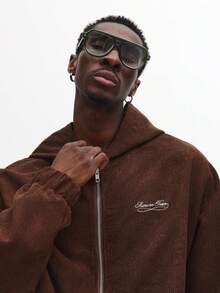 SUMWON Crop Fit Corduroy Full Zip Hoodie Vintage Classic Winter Jacket With Centre Pockets And Drawstring Hood Plain - Brown - View 4
