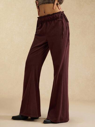 Easelle Vintage Casual Women's Solid Color Frill Trim Side Tie Waist Wide Leg Casual Sweatpants Coffee Colored Slimming And Leg Length Casual Pants