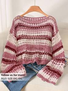 CosyJoli Plus Size Casual Blue & White Striped Hollow Out Boat Neck Loose Cropped Long Sleeve Sweater In Fall/Winter,Slightly Sheer