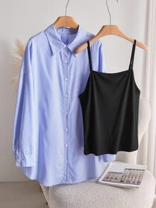 CosyJoli Set casual da 2 pezzi, camicia ampia a righe blu e bianche e canotta aderente, taglie comode - Blu - Visualizzare 4