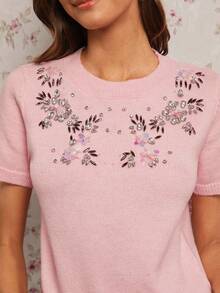 Enchnt Women's Light Pink Summer Elegant Tea Party Short Sleeve Knit Top,Sparkle Rhinestone&3D Sequined Flowers Decor,Sweet Fashionable For Date - Pink - View 5