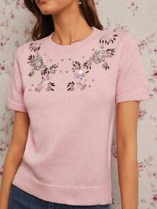 Enchnt Women's Light Pink Summer Elegant Tea Party Short Sleeve Knit Top,Sparkle Rhinestone&3D Sequined Flowers Decor,Sweet Fashionable For Date - Pink - View 3