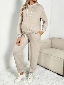 SHEIN 秋装，秋季服装，孕妇装秋冬装孕妇休闲两件套孕妇休闲宽松长袖上衣和裤子套装女士休闲套装两件套女士舒适两件套女士套装裤子两件套女士休闲孕妇装两件套装 - 杏色 - 查看 8