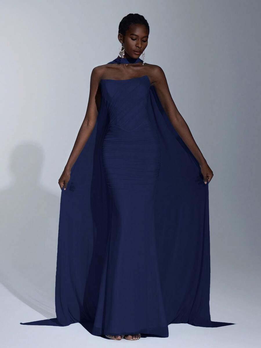 Elitara Elegant Luxurious Light Blue Elastic Mesh Boat Neck Full Ruffle Sequin Bridesmaid Dress