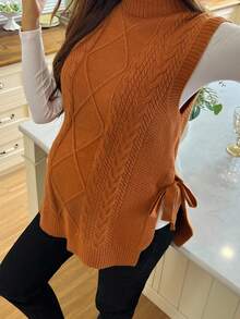 SHEIN Women Loose Fit High Neck Side Slit Tie Design Casual Maternity Sweater Vest, Autumn/Winter