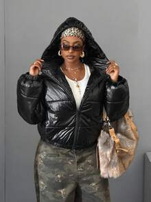 Maweii Plus Size Women's Solid Color Long Sleeve Zipper Front Hooded Casual Winter Jacket