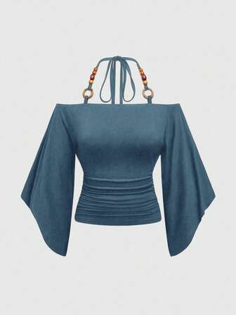 Hippie Vintage locker geschnittenes Damen T-Shirt mit Off-Shoulder, Holzperlen-Dekor und Fledermausärmeln