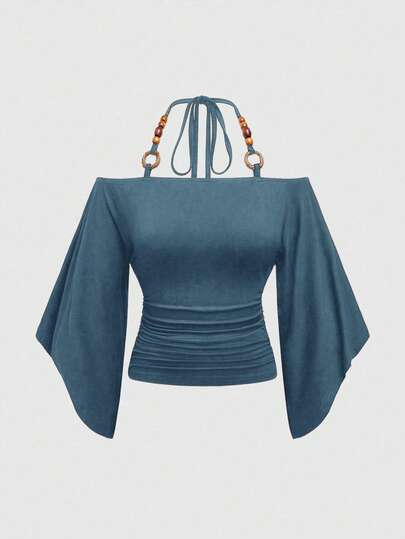 Hippie T-shirt femme à manches chauve-souris avec décoration de perles en bois, style vintage, épaules dénudées