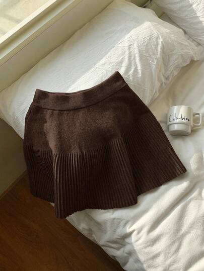 Comfortcana Women's Elastic Waist Casual Short Knit Sweater Skirt, Coffee Brown, Autumn/Winter