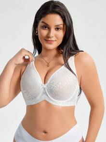SHEIN 1pc Plus Size Women Leopard Lace Underwire Bra - White - View 8