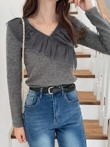 FRIFUL Women's V-Neck Fitted Tight Collar Mesh Patchwork Ribbed Fabric Multi-Layer Ruffle Splice Contrast Color Casual T-Shirt Long Sleeve Top - Grey - View 2