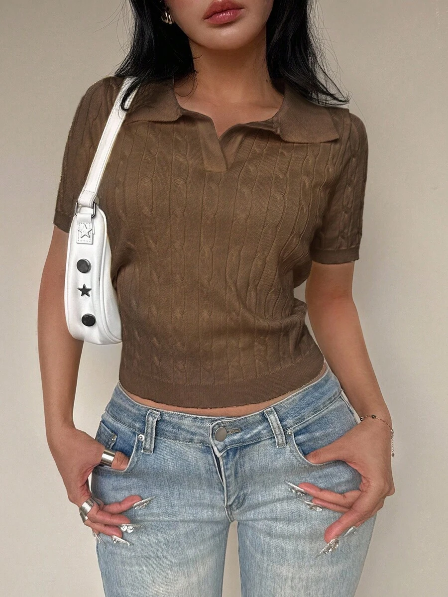 Flirla 女式扭绳高领黄色针织上衣 - 棕色 - 查看 1