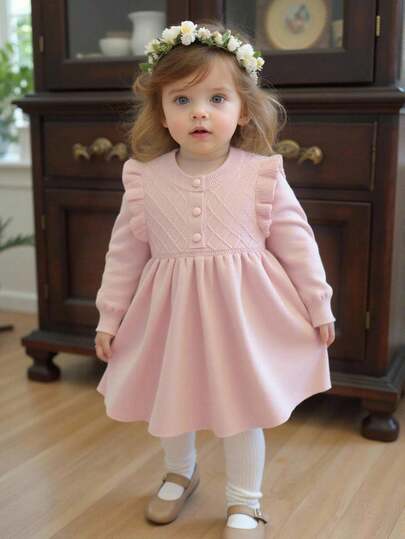SHEIN Vintaside Kids Vestido de suéter de manga larga tejido para niñas bebé, adecuado para otoño/invierno, rosa y rosa claro, versátil, elegante, cuello con volantes, texturizado, de moda, lindo, adecuado para la escuela, uso diario, hogar, exterior, viajes