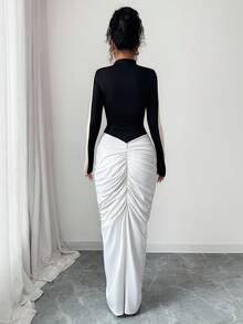 Elenzga 女式高领长袖拼色褶裥开衩优雅连衣裙 - 黑與白 - 查看 2