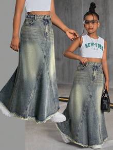 SHEIN Tween Girls Y2k Retro Fashion Vintage Blue Denim Midi-Length Mermaid Skirt Fall Winter,For Girls Dailywear Costume,Girls Streetwear Outfits,Halloween Outfits,Christmas Costume,Winter Clothes,Teen Dress