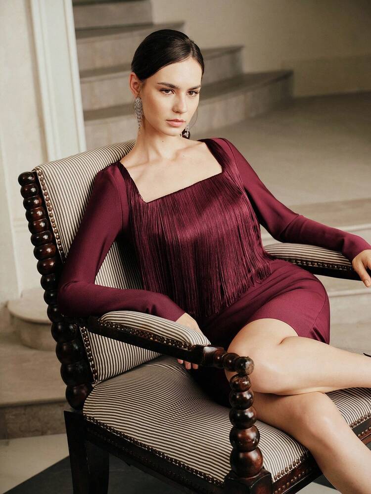 Women's Burgundy Fringe Bandage Mini Dress, Fitted Slimming Silhouette, Elegant Style Party Dress