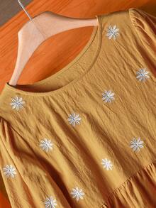 Rusticease Women's Daisy Embroidery Round Neck Loose Textured Smock Blouse Country Going Out Tops For Women Christmas Fall New Year Winter - Yellow - View 4