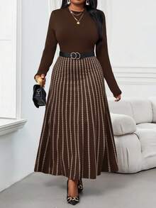 SHEIN Lady 秋冬优雅通勤办公室彩色棕色针织立领喇叭中长袖大码连衣裙冬季女装感恩节女装冬季服装长袖连衣裙冬季冬装冬装女士冬装冬装冬装女士冬装冬装女士休闲连衣裙女士休闲装女士休闲连衣裙 - 摩卡棕 - 查看 1
